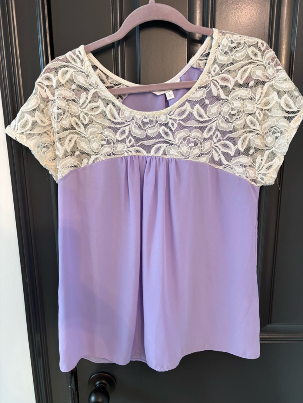 Charming Charlie Lavender Blouse with Cream Lace Yoke